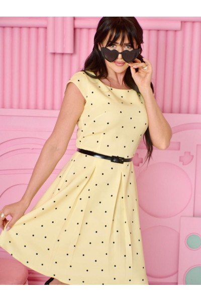 Dámské puntíkované šaty Honey – žluté elegantní šaty s páskem